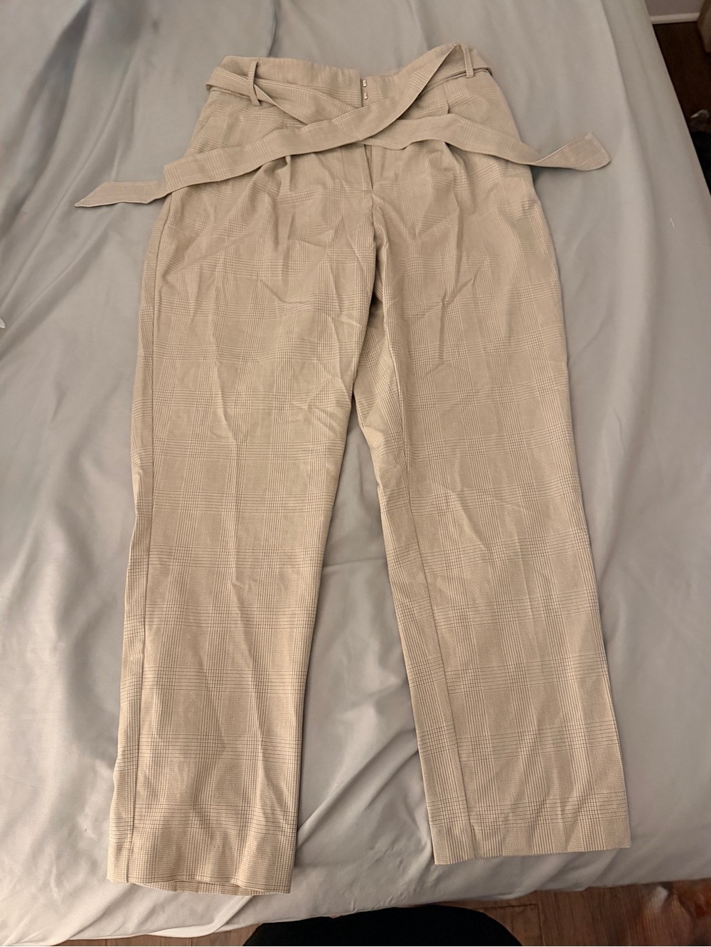 Beige Plaid Work Pants with Removable Belt